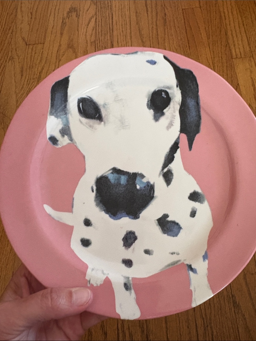Sally Muir- Anthropologie Pink Dalmatian Ceramic Pet Plates - Set of 4 - Picture 2 of 3